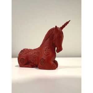Floral Red Cinnabar Unicorn Figurine Ornament Statue Floral Etchings Folk Decor‎